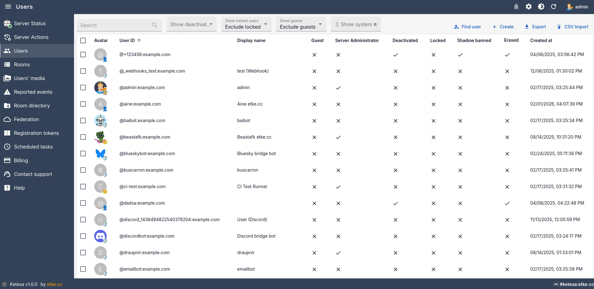 Ketesa user management screen showing a list of Matrix accounts with status and actions
